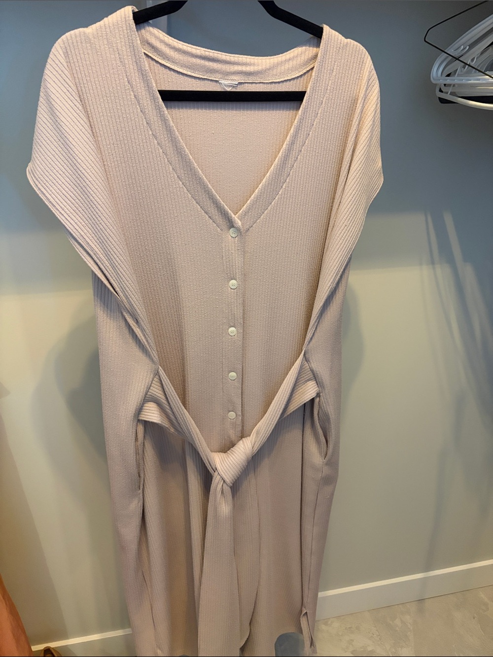 Smash and Tess Light Beige V-Neck Button-Front Ribbed Dress
